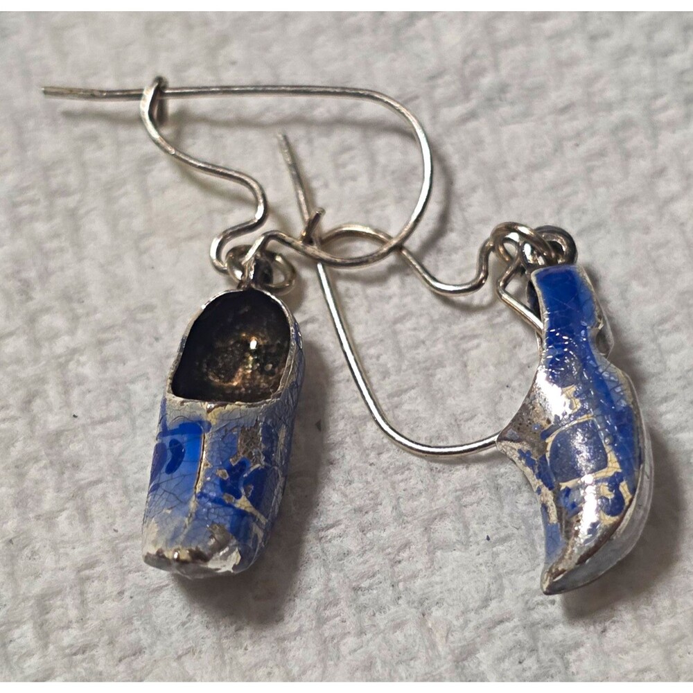 Blue & Silver Tone Shoe Charm Dangle Drop Hook Earrings Metal No Stone